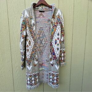 On Blue Cardigan Sweater Womens L Multicolor Western Open Front Knee Length Boho